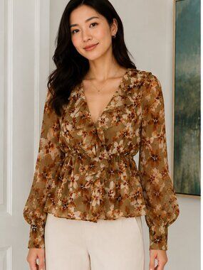 Lumière Floral Ruffle Blouse NWT | Romantic Sheer Peplum Top | Size Small